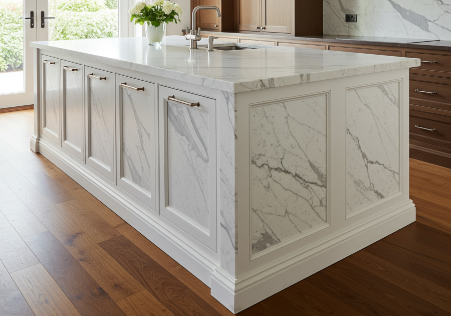 Marble used to make kitchen island cabinets