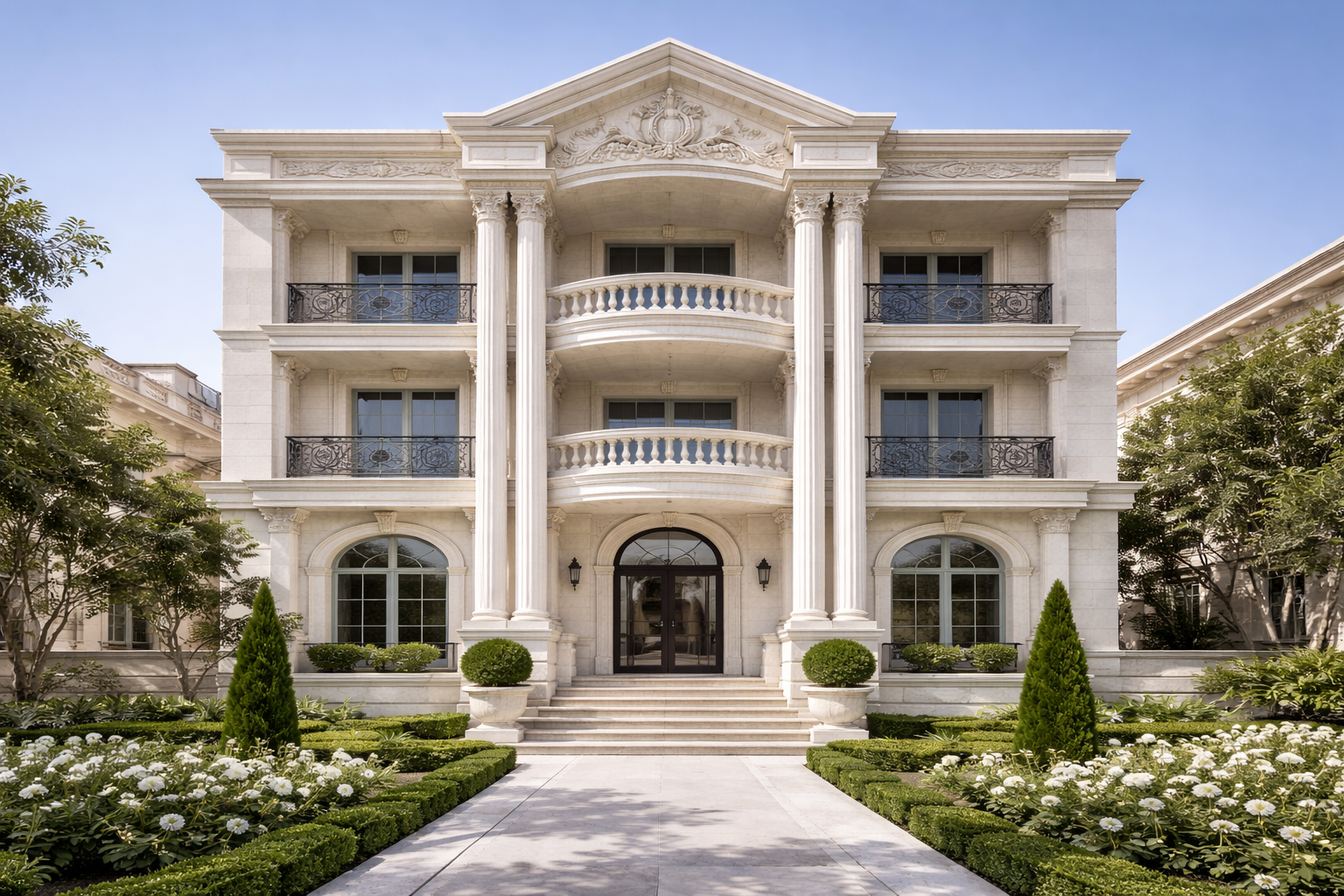 Building facade with white travertine stone