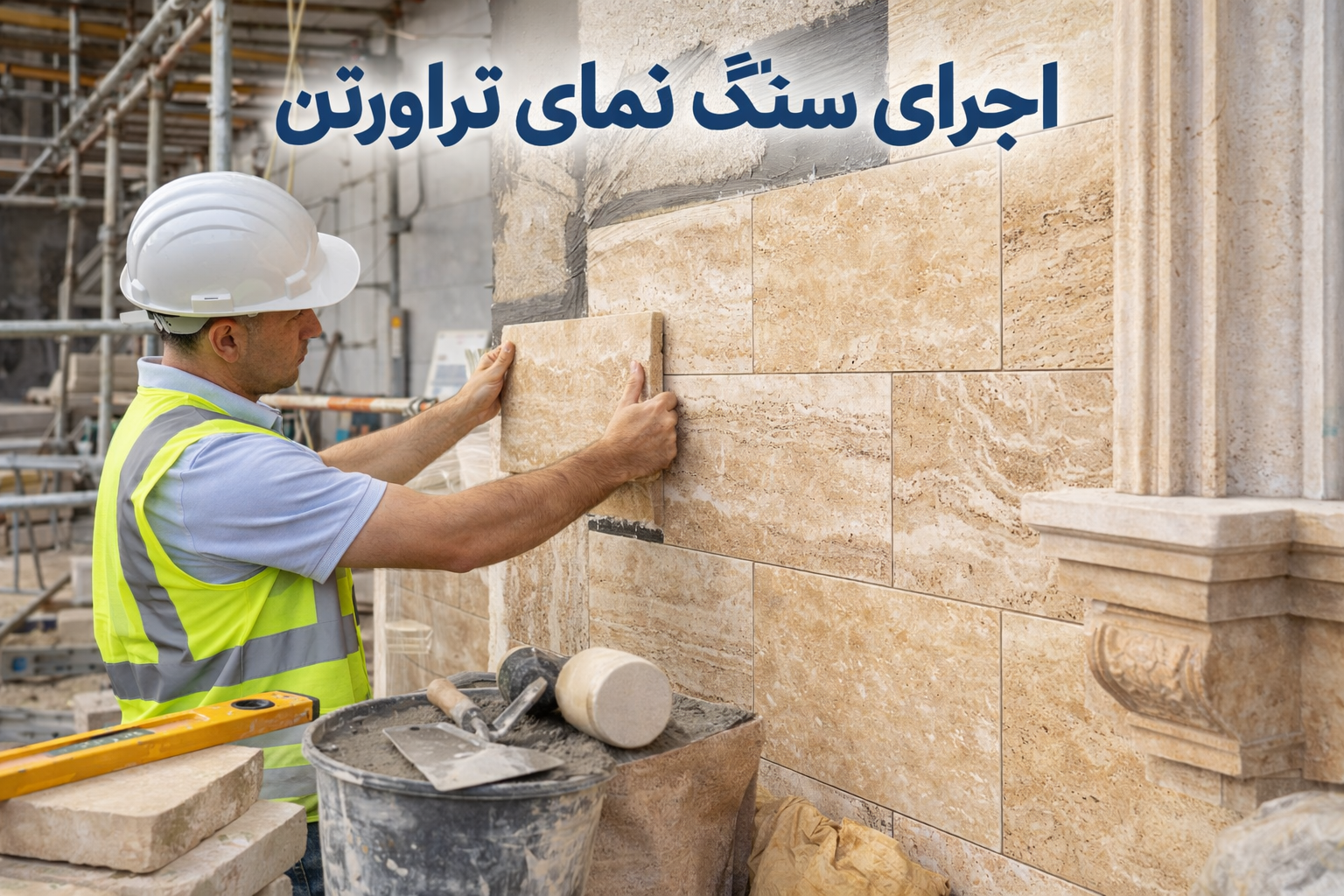 Travertine stone facade installation